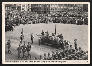 1936 'The Sa, SS, and NSKK March Past the Fuhrer at Adolf Hitler Square' Nuremberg Rallies Reich Party Day (Reichsparteitag) Nazi Propaganda Postcard
