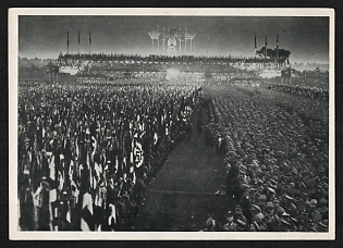 1934 'Reich Party Rally Nuremberg 1934 180,000 Political Leaders Lined Up for Roll Call. View of the Zeppelin Meadow' Nuremberg Rallies Reich Party Day (Reichsparteitag) Nazi Propaganda Postcard