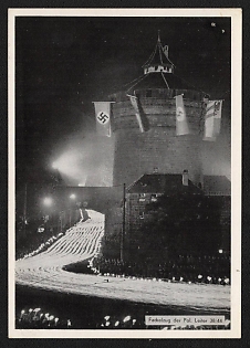 1938 'Torchlight Procession of the Pol. Leader' Nuremberg Rallies Reich Party Day (Reichsparteitag) Nazi Propaganda Postcard