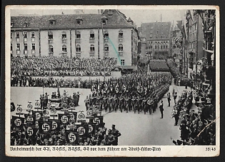1938 'March Past of the Sa, NSKK, Nsfk, and SS before the Fuhrer at Adolf Hitler Square' Nuremberg Rallies Reich Party Day (Reichsparteitag) Nazi Propaganda Postcard