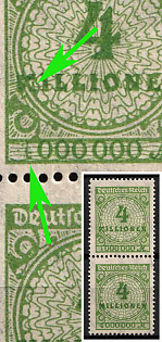 1923-24 4Mio Weimar Republic, Germany, Pair ('4' in '4000000' in the Value Box Only One Snippet, 'M' in 'Millionen' is Damaged)