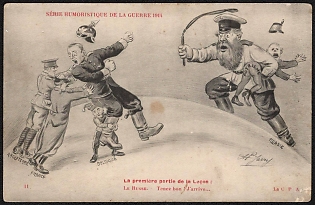 1914-1918 France, Anti-Germany Propaganda, 'Humorous Series of the War 1914. The First Part of Ja Lesson the Russian. Hold on! I'm Coming...', WWI Caricature Postcard