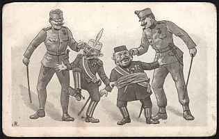 1914-1918 Germany, Anti-Serbian and Montenegro Propaganda, 'Military Men Hold Other Military Men by the Ears', WWI Caricature Postcard