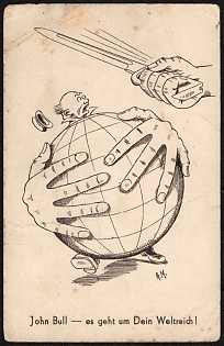 1933-1945 Germany, Anti-Great Britain Propaganda, 'John Bull it's about Your World Empire!', WWI Caricature Postcard