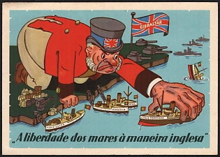 1933-1945 Portugal, Anti-Great Britain Propaganda, 'Freedom of the Seas the English Way', WWI Caricature Postcard