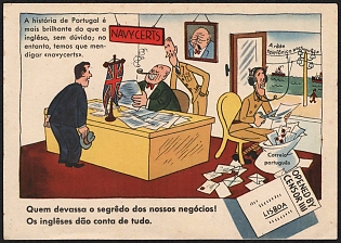 1933-1945 Portugal, Anti-Great Britain Propaganda, 'Who Uncovers the Secret of Our Affairs! The English Can Handle Everything', WWI Caricature Postcard