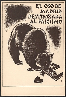 1933-1945 Spain, Anti-Germany (Pro-Russia) Propaganda, 'The Bear of Madrid Will Destroy Fascism', WWI Caricature Postcard