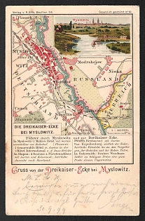 1914-1918 Germany 'Greetings from the Dreikaiser-Ecke near Myslowitz' World War I Propaganda Postcard