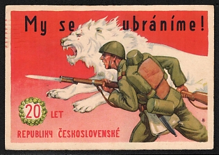 1945 Czechoslovakia 'We Will Defend Ourselves! 20 Years of the Czechoslovak Republic' World War II Propaganda Postcard