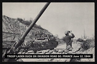 1944 United States 'Troop Laden Duck on Invasion Road So. France June 12, 1944' World War II Propaganda Postcard