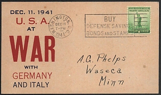 1941 United States 'United States of America at War with Germany and Italy' World War II Propaganda Postcard