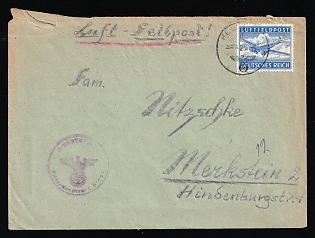 1942 (23 Jul) Nazi Germany, Airmail Fieldpost Feldpost Cover from Poznan to Merkstein franked with Field Post stamp