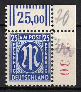 1945-46 25pf British and American Zones of Occupation, Germany (Sheet Inscription, Corner Margins, Certificate)