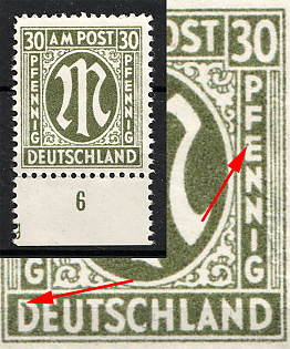1945-46 30pf British and American Zones of Occupation, Germany (Green Dot on 'D' and on 'E', Margin, Signed)'
