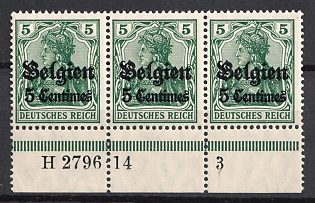 1914-16 5c Belgium, German Occupation, Germany, Strip (Margin, Plate Numbers)