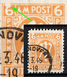 1946 6pf British and American Zones of Occupation, Germany (White Spot on Left '6', Perforation 11x11.5, Paper z, Certificate)