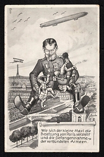 1914-1918 Germany, Anti-France Propaganda, 'Zeppelin over Paris', WWI Caricature Postcard