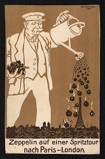 1914-1918 Germany, Anti-France Propaganda, 'Zeppelin over Paris', WWI Caricature Postcard