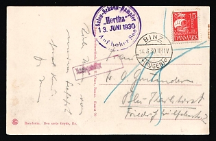 1930 (13 Jun) 'Black Pot', Denmark, 'Hertha' Baltic Sea Ship Mail Postcard from Bornholm to Binz (Germany) franked with 15øre