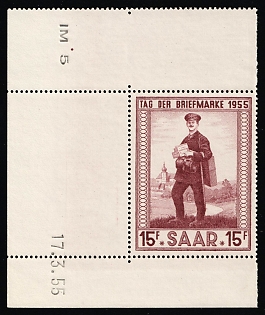 1955 15fr Saar, Germany (Corner Margin, Sheet Inscriptions)