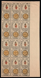 1914 1k Volynia Kopeck Society, Marginal Block of Twelve from Sheet of One Hundred, Charity Cinderella, Russian Empire