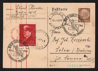1941 (20 Apr) Third Reich, Germany, Commemorative Postcard from Berlin to Solca (Romania) via Bucharest (Romania), franked with 3pf and 12+38pf (Commemorative Cancellation 'Berlin-Charlottenburg 2, Fuhrer's Birthday')