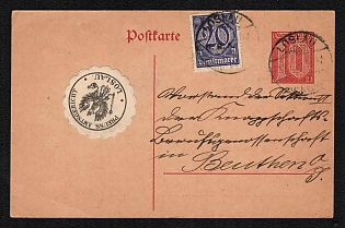1920 Germany, Official Postal Stationery Postcard for Prussia from Wodzislaw Slaski (Loslau) to Bytom, franked with 20pf Joining of Upper Silesia (with Mail Seal Label)