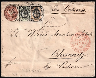 1869 (27 Jun) 10k Russian Empire Commercial Postal Stationery Stamped Cover from Saint Petersburg to Chemnitz (Germany) by Railway Wagon '13-14', additionally franked with 1k (SHIFTED Background) and 3k, with Red Franco Handstamp and 'Ryazhsko-Morshanskaya' Railway Wax Seal