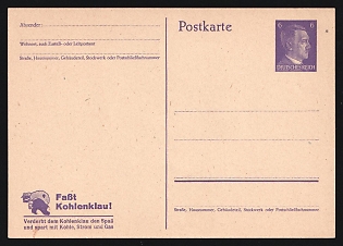 1943-44 6pf 'Stop Stealing Coal!', Third Reich, Germany, Postal Stationery Postcard with Hitler's Issue