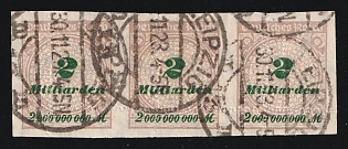 1923 2Mrd M Weimar Republic, Germany, Strip (SHIFTED Perforation, Signed, Leipzig Postmarks)