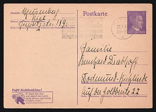 1943 (23 Mar) Third Reich, Germany, Postal Stationery Postcard with Advertising Stamp from Kiel to Dortmund-Kirchlinde