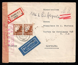 1938 (20 Feb) Germany, Third Reich, Censored, Registered Airmail Cover from Dresden to Barcelona
