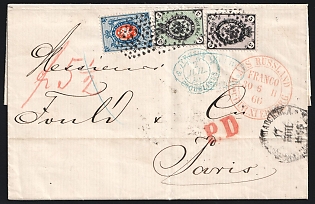 1866 (17 Jun) Russian Empire Cover from Saint Petersburg Railway Station to Paris (France), franked with 3k, 5k and 20k tied by Dotted Numeral '11' Postmarks, multiple Transit Postmarks, Red Pencil Prussian Censorship Mark on the Front Side (Certificate)