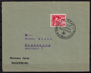 1938 (4 Dec) Third Reich, Germany, Cover to Magdeburg franked with 12+8pf tied by rare Propaganda-Cancellation 'Karlsbad Sudetenland 'Election and Liberation Day' (Unpriced)