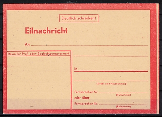 Third Reich, Germany, Field post, Red Mint Red Cover of Express Preworded Post Card Form (to provide a soldier with urgent family information i. e.. 'all alive after heavy bombing', Plate-Nr Std. W. 4305 43)