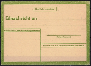 Third Reich, Germany, Field post, Green Cover of Express Preworded Post Card Form (to provide a soldier with urgent familiy information information i.e.. 'all alive after heavy bombing', Plate-Nr Std. W.  4304 43)
