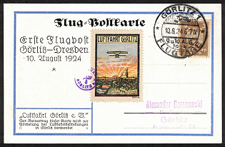 1924 (10 Aug) Germany, Airmail Vignete Postcard Used FDC Postcard 'First Airmail from Gorlitz Airport to Dresden' with Vignette 'Luftfahrt Gorlitz' (Unpriced)