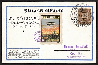 1924 (11 Aug) Germany, Airmail Vignete Postcard Used Last Day Cover Postcard 'First Airmail from Gorlitz Airport to Dresden' with Vignette 'Luftfahrt Gorlitz' (Unpriced)