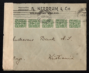 1916 FINLAND Commercial Censored cover of ordinary letter sent from Helsinki to Kristiania (Norway)