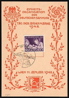 1942 (11 Jan) 'Union Organization of German Collectors. Stamp Day', Third Reich, Germany, FDC Postcard from Vienna to Hamburg franked with 6pf (Commemorative Postmark)