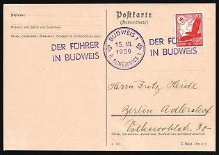 1939 (15 Mar) 'The Fuhrer in Budejovice', Germany, Postcard from Budejovice (Czech Republic) to Berlin-Adlershof franked with 10pf, Third Reich Nazi Germany Propaganda