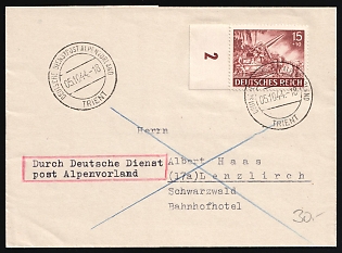 1944 (5 Oct) Third Reich, Germany, Cover from Trento (Italy) Via German Official Mail Alpine Foreland to Lenzkirch franked with 15pf (Plate Number, Margin)