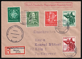 1944 (5 Aug) Third Reich, Germany, Registered Cover from Merano (Italy) Via German Official Mail Alpine Foreland to Cologne franked with Full Sets, 3 x 6pf, 2 x 12pf