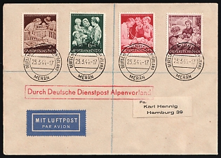1944 (23 Mar) Third Reich, Germany, Airmail Cover from Merano (Italy) Via German Official Mail Alpine Foreland to Hamburg franked with Full Set 3pf - 15pf