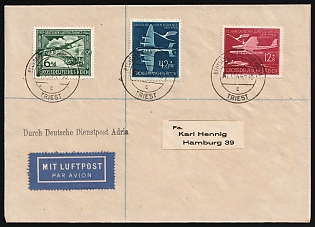 1944 (31 Nov) Third Reich, Germany, Airmail Cover from Trieste (Italy) Via German Official Mail Adria to Hamburg franked with Full Set 6pf - 42pf