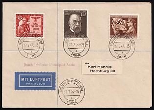 1944 (17 Jul) Third Reich, Germany, Airmail Cover from Fiume Via German Official Mail Adria to Hamburg franked with 12pf, 24pf, 54pf