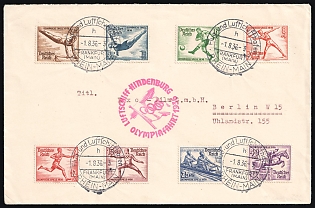 1936 (1 Aug) 'Airship Hindenburg Olympic Flight', Third Reich, Germany, Graf Zeppelin Airship Cover from Frankfurt am Main, Rhine-Main Airport and Airship Port to Berlin Central Airport franked with Full Set 3pf - 40pf (Commemorative Postmarks)