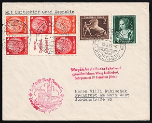 1939 (26 Aug) Third Reich, Germany, Graf Zeppelin Airship Cover used in Frankfurt am Main, Rhine-Main Airport and Airship Port, Rerouted. Railway Post Office 19 Frankfurt (Main) franked with se-tenants, 6pf, 42pf (Commemorative Postmarks)