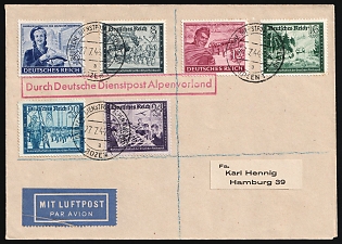 1944 (27 Jul) Third Reich, Germany, Airmail Cover from Bolzano (Italy) Via German Official Mail Alpine Foreland to Hamburg franked with Full Set 6pf - 24pf