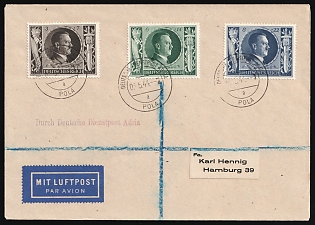 1944 (6 May) Third Reich, Germany, Airmail Cover from Pula (Croatia) Via German Official Mail Adria to Hamburg franked with Full Set 3pf - 15pf